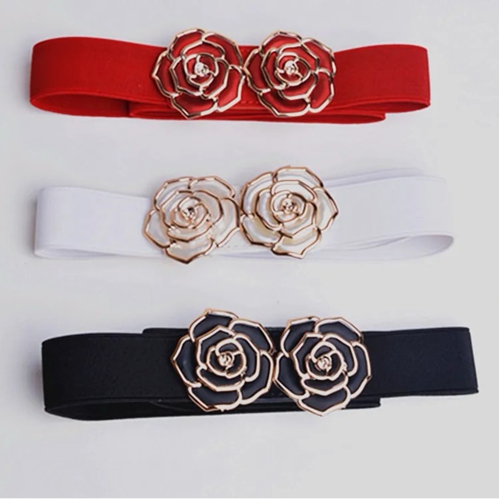 Elegant Floral Buckle Belt Set - Red, White, Black